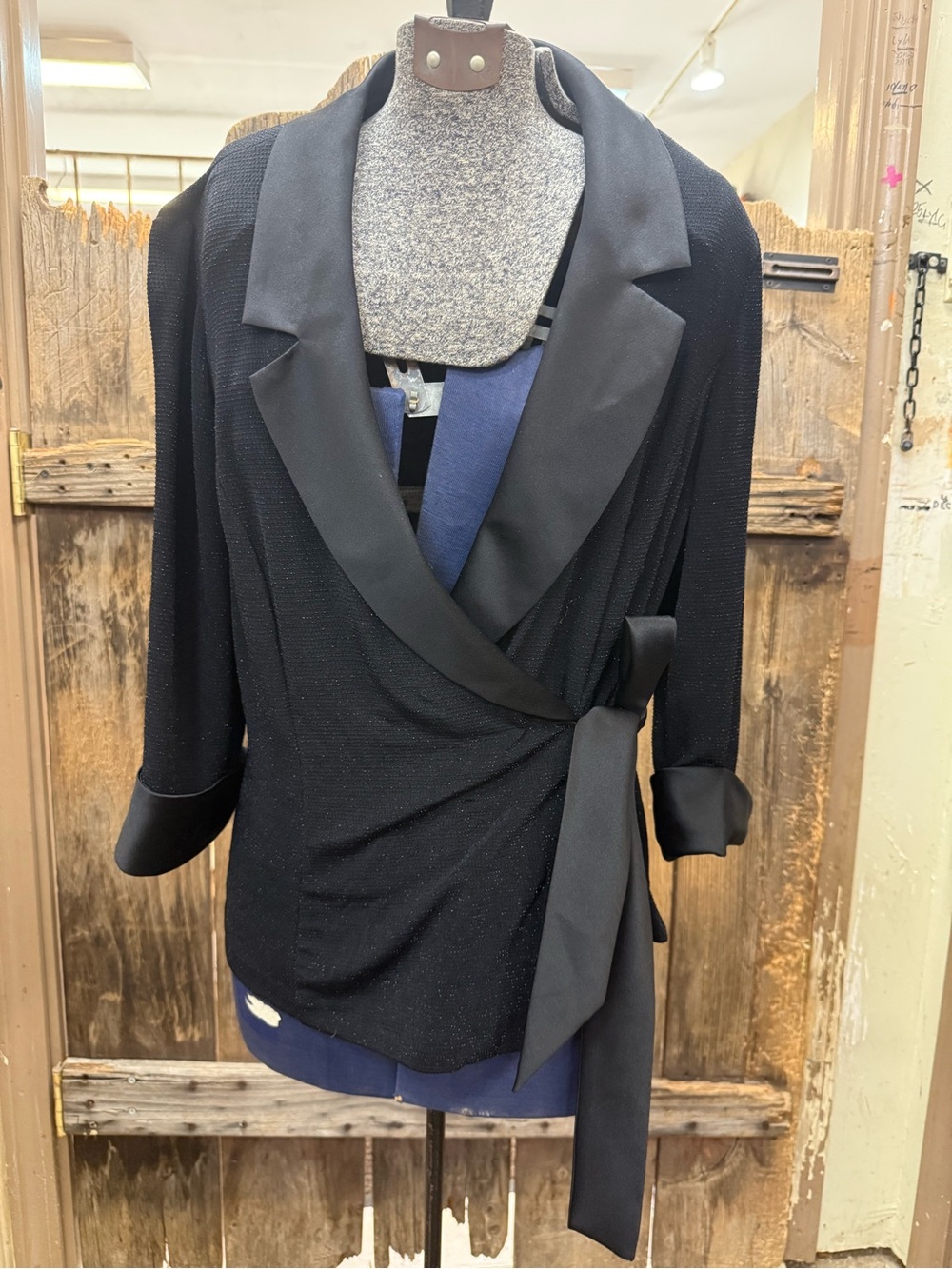 Alex Evenings Black Wrap Blazer with Satin Trim and Side Sash